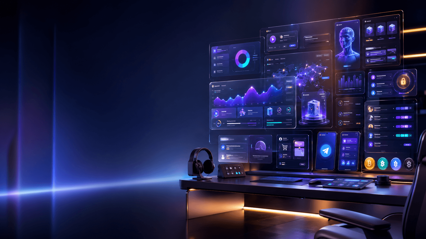 Futuristic Web3 creator dashboard with tools, analytics, and AI-powered monetization