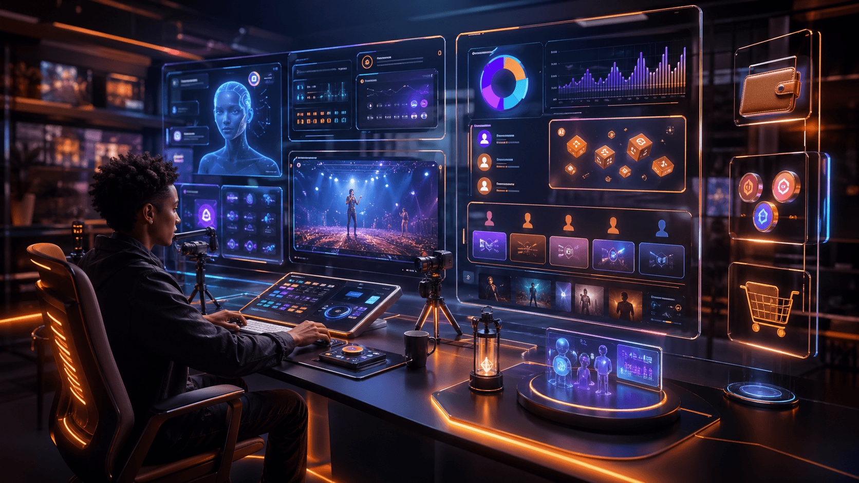 Futuristic creator studio with AI tools and digital commerce controls