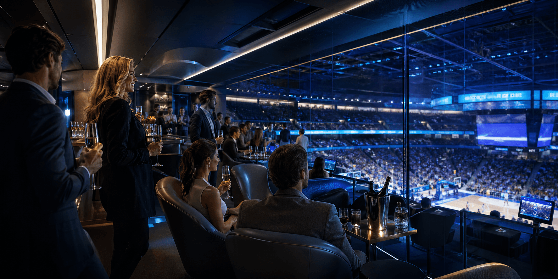Premium sports club hospitality suite overlooking a live arena event